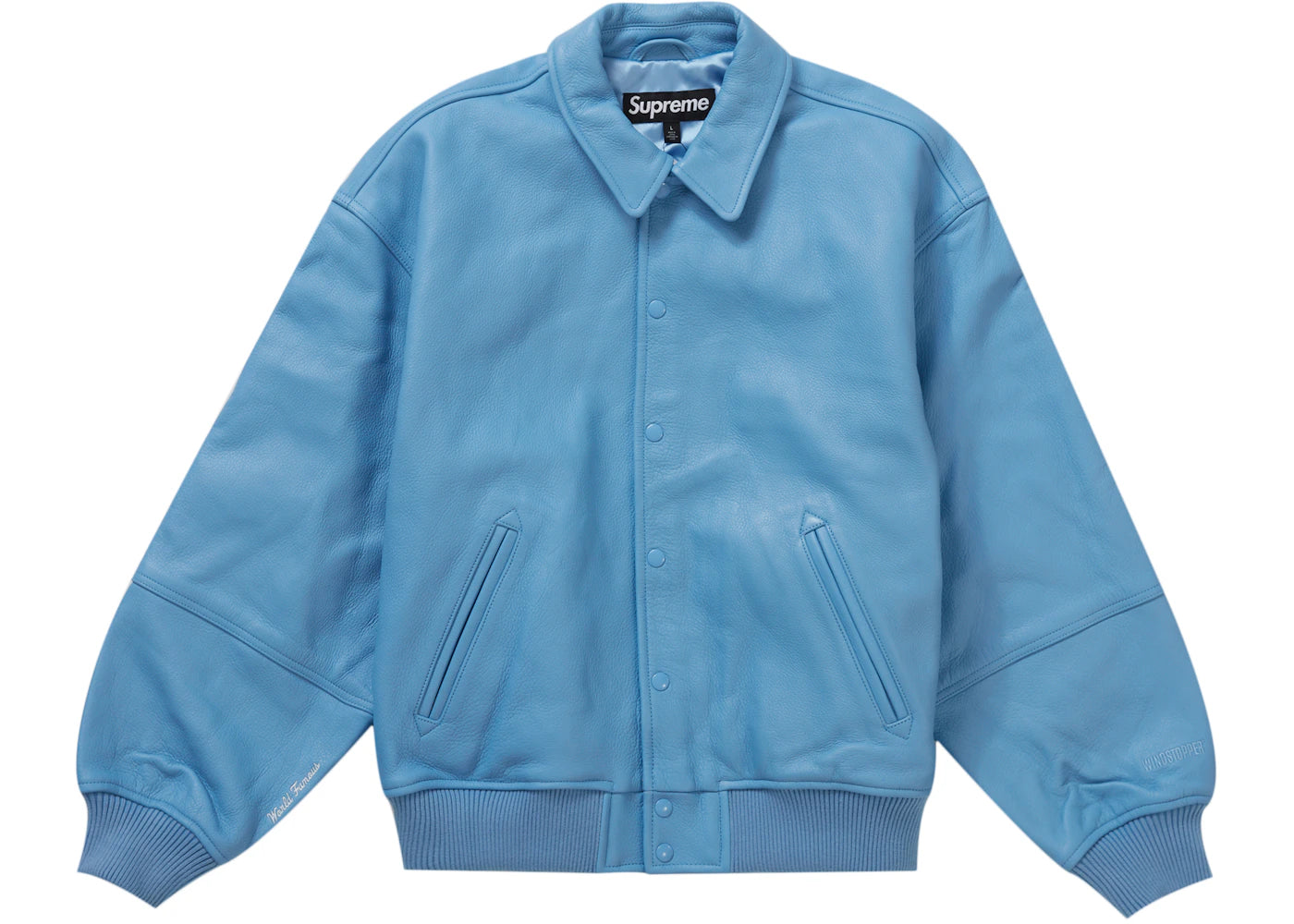 Supreme GORE-TEX Infinium WINDSTOPPER Leather Varsity Jacket Light Blue