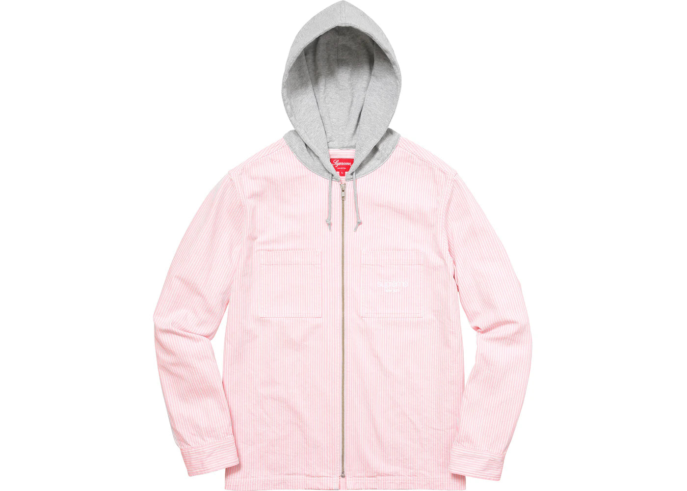 Supreme Hooded Stripe Denim Zip Up Shirt Pink