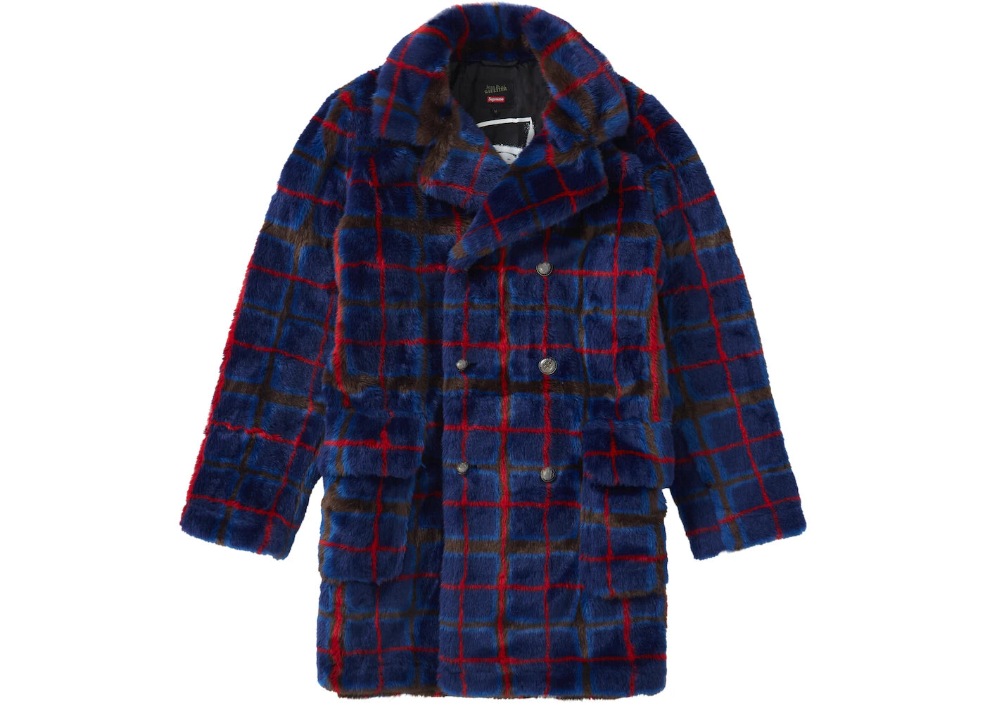 Supreme Jean Paul Gaultier Double Breasted Plaid Faux Fur Coat Blue