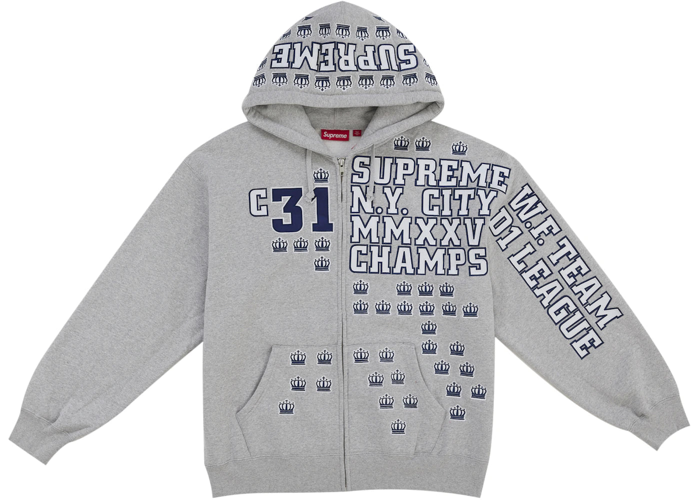 Supreme League Champs Zip Up Hooded Sweatshirt Grey