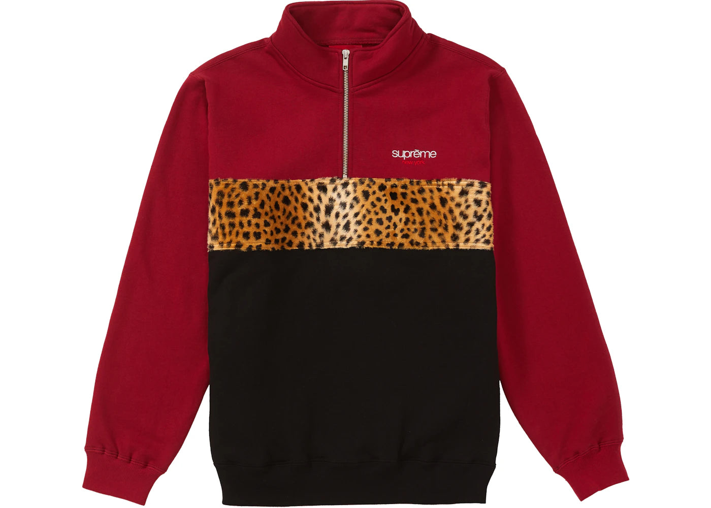 Supreme Leopard Panel Half Zip Sweatshirt Cardinal