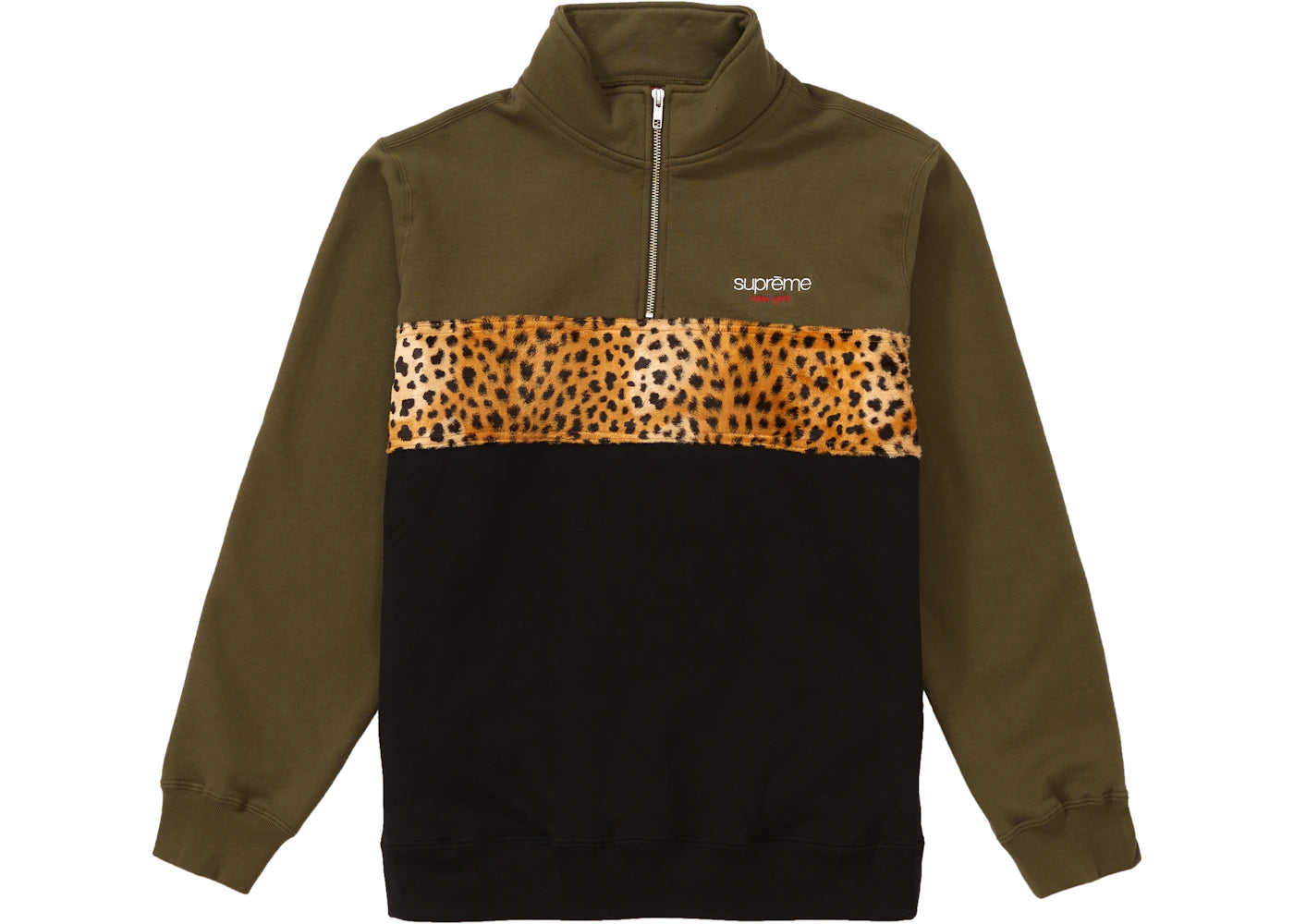 Supreme Leopard Panel Half Zip Sweatshirt Dark Olive