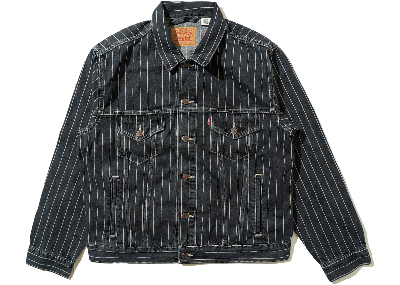 Supreme Levi's Pinstripe Trucker Jacket (With Pin) Black Stripe