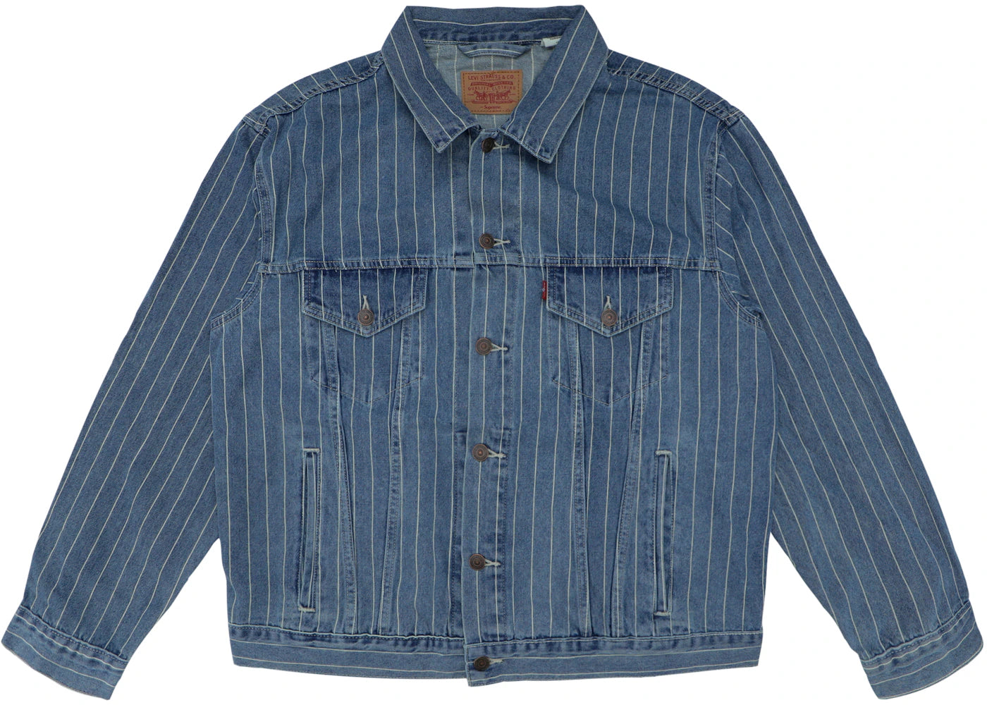 Supreme Levi's Pinstripe Trucker Jacket (With Pin) Blue Stripe