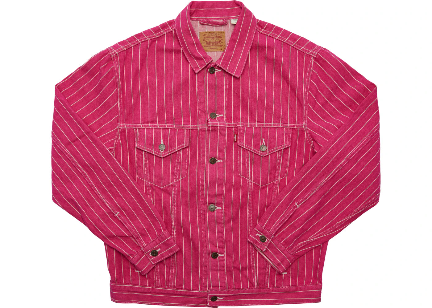 Supreme Levi's Pinstripe Trucker Jacket (With Pin) Magenta Stripe