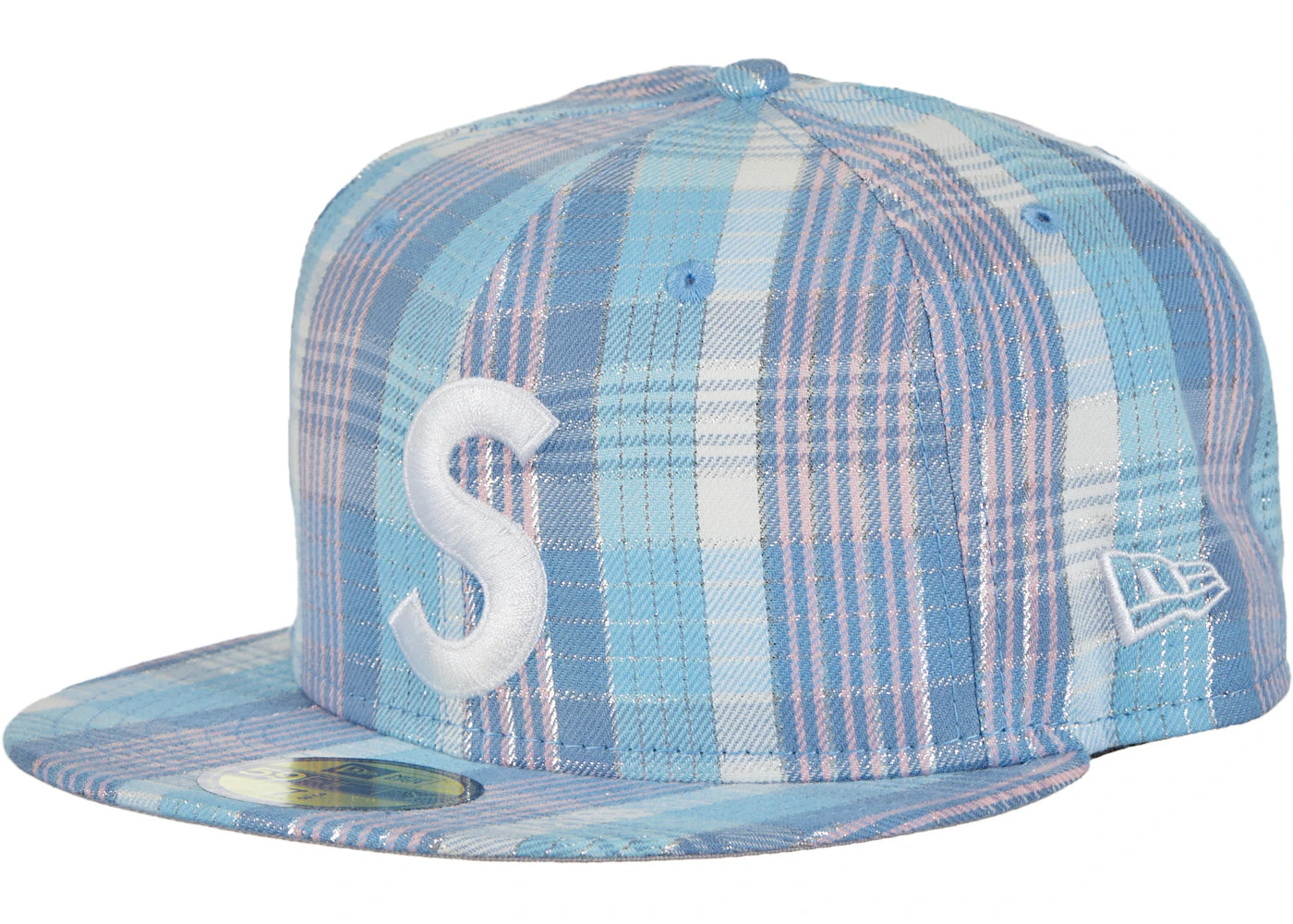Supreme Metallic Plaid S Logo New Era Hat Light Blue