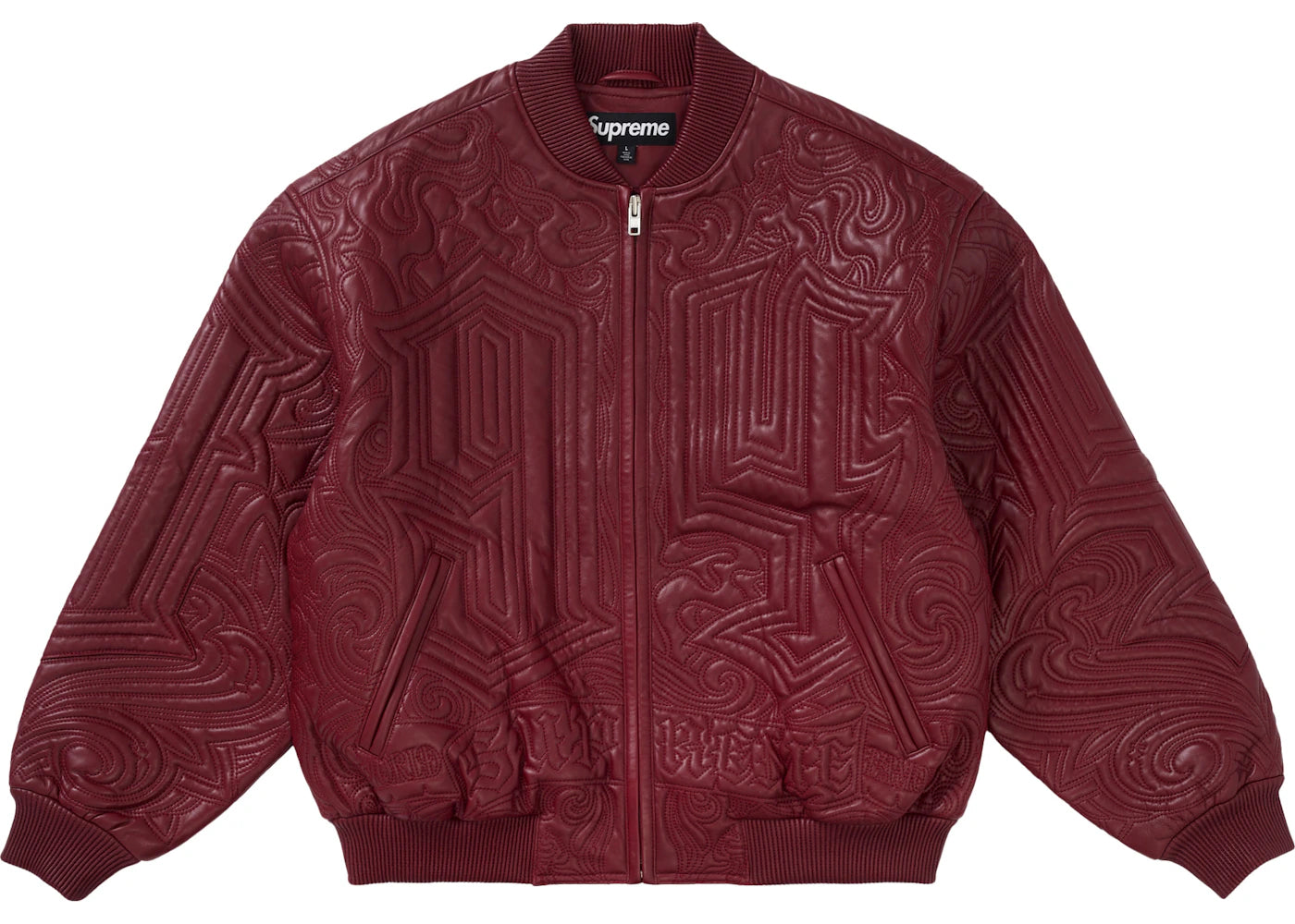 Supreme Mister Cartoon Embroidered Leather Jacket Burgundy