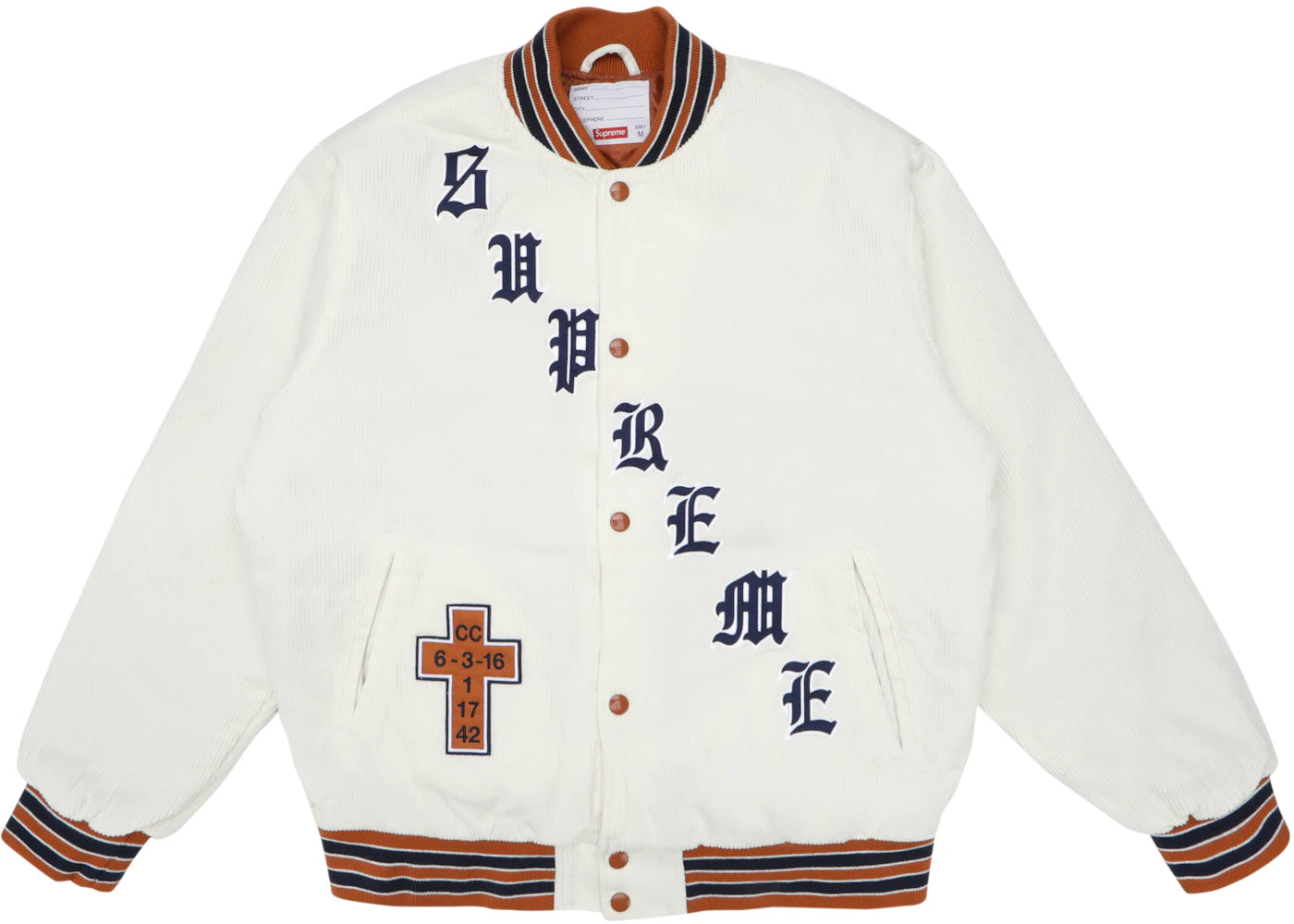 Supreme Old English Corduroy Varsity Jacket White