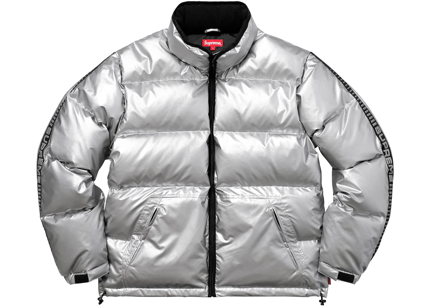 Supreme Reflective Sleeve Logo Puffy Jacket Silver