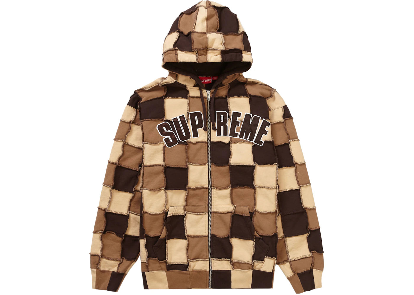 Supreme Reverse Patchwork Zip Up Hooded Sweatshirt Brown