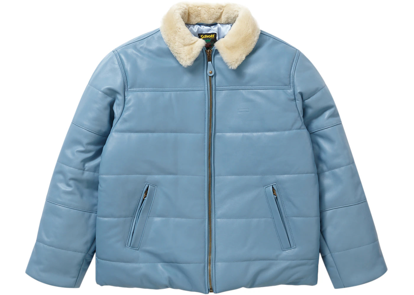 Supreme Schott Shearling Collar Leather Puffy Jacket Light Blue