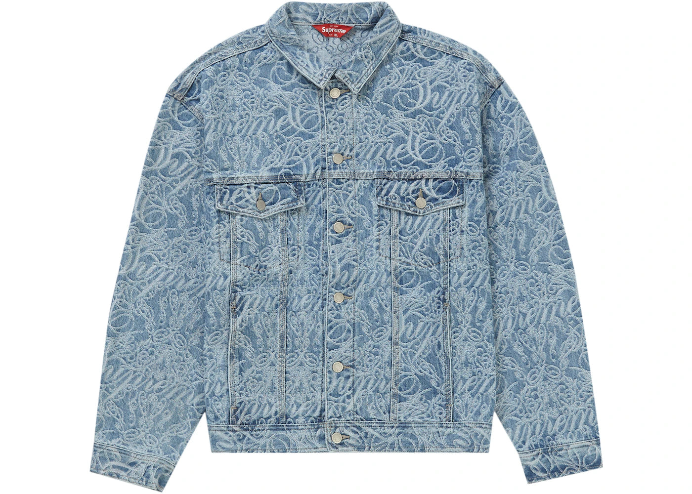 Supreme Script Jacquard Denim Trucker Jacket Washed Blue