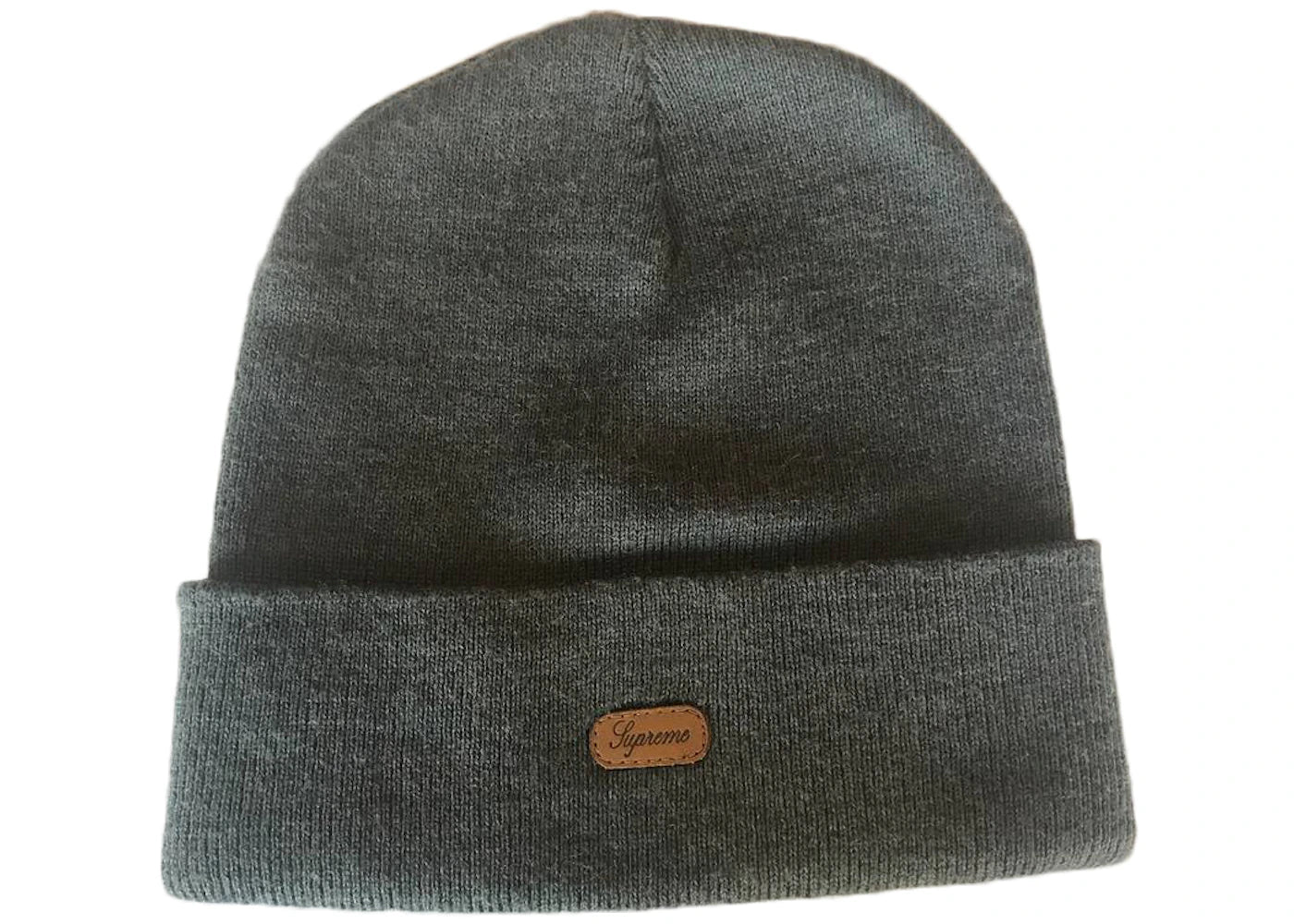 Supreme Script Leather Patch Beanie Heather Grey