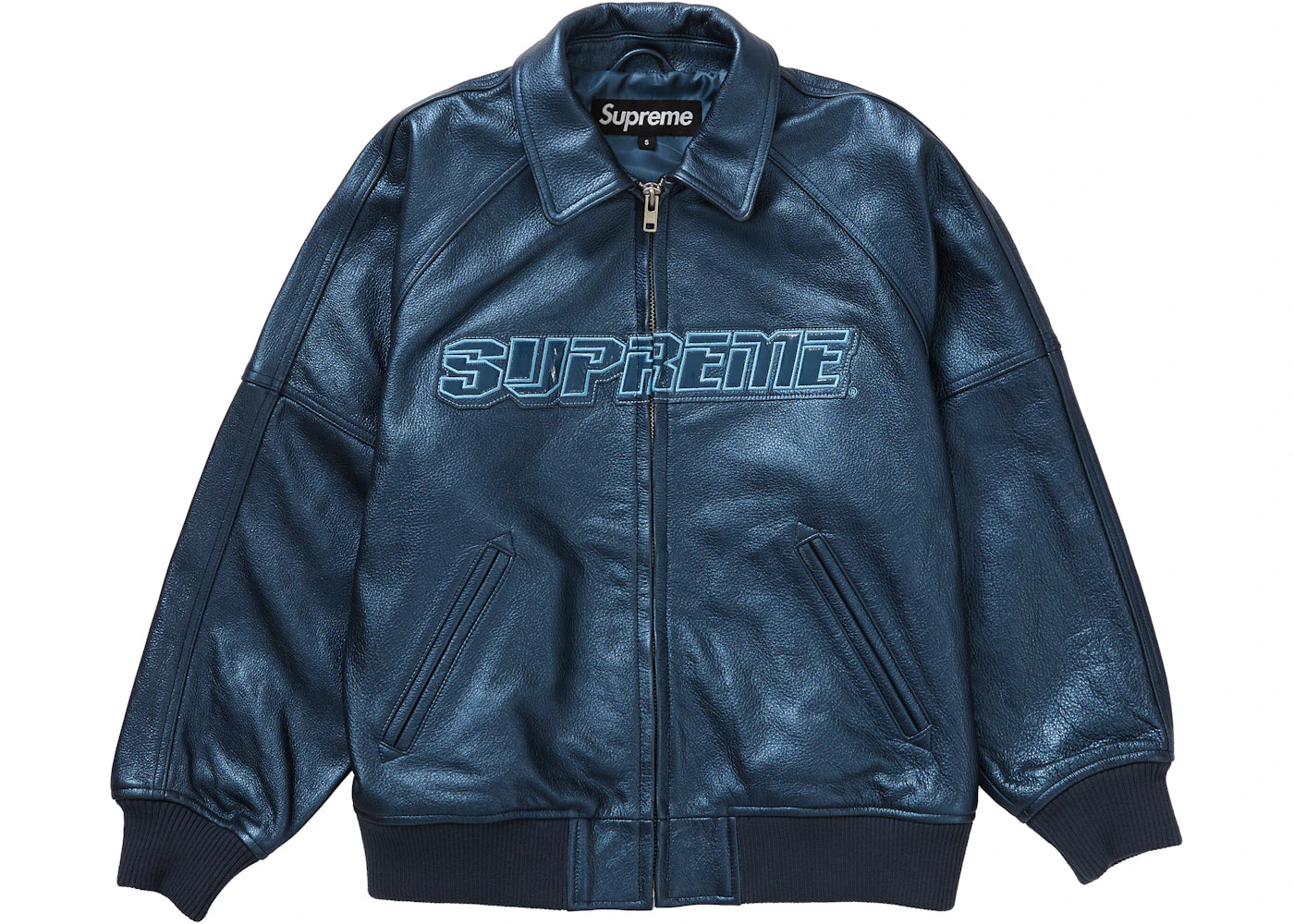 Supreme Silver Surfer Leather Varsity Jacket Blue