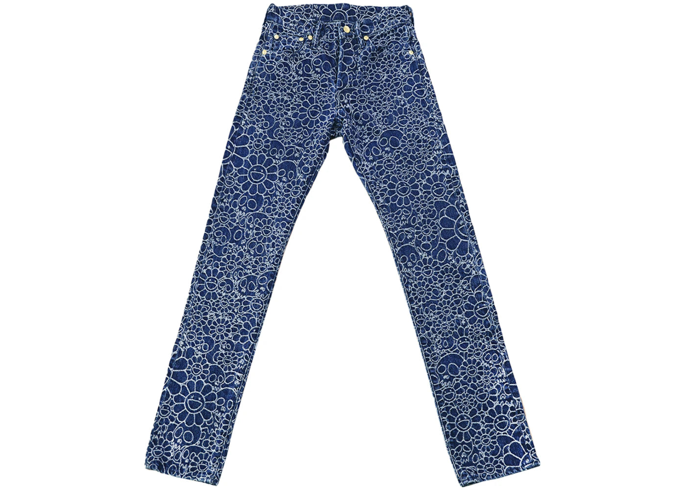 Takashi Murakami Flowers and Skulls Jacquard Denim Pants Dark Blue