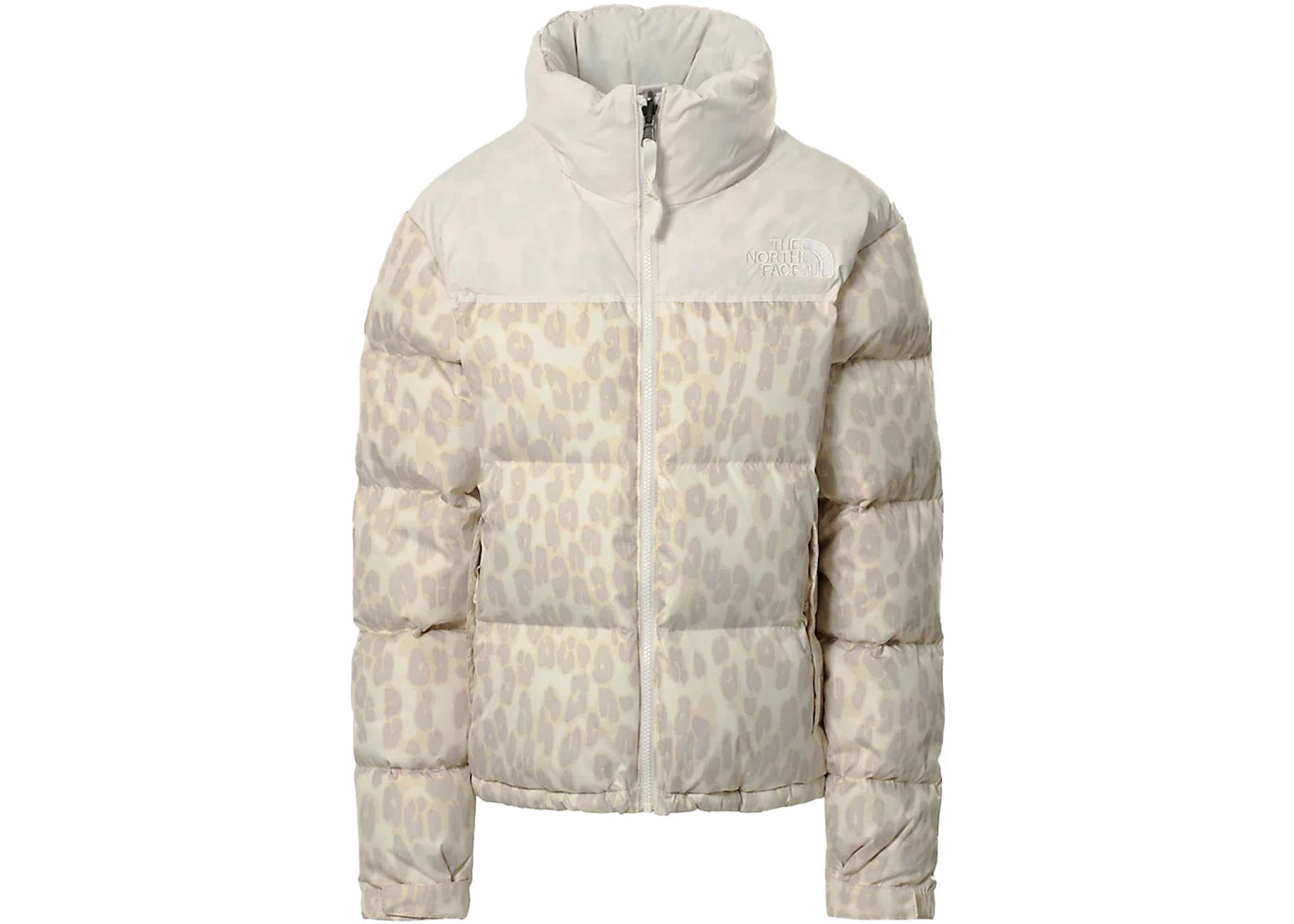 The North Face Womens 1996 Printed Retro Nuptse 700 Fill Packable Jacket Silver Grey Leopard Print-Gardenia White