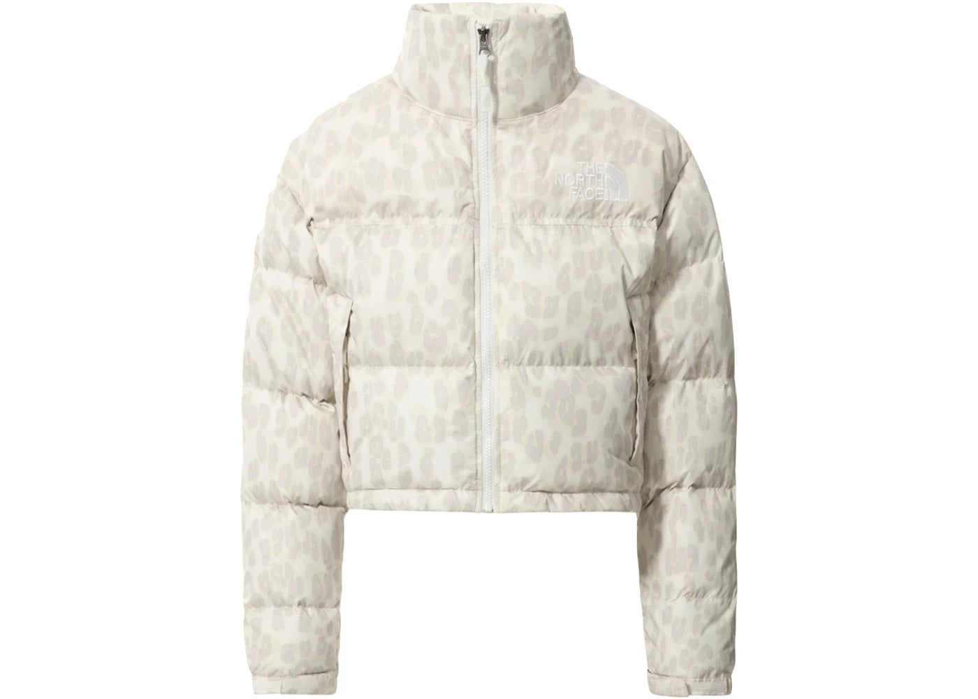 The North Face Womens Printed Nuptse 700 Fill Short Jacket Silver Grey Leopard Print