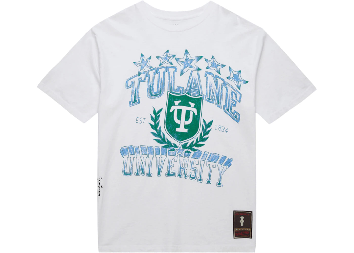 Travis Scott x Mitchell & Ness Tulane Green Wave Hand-Drawn T-Shirt White