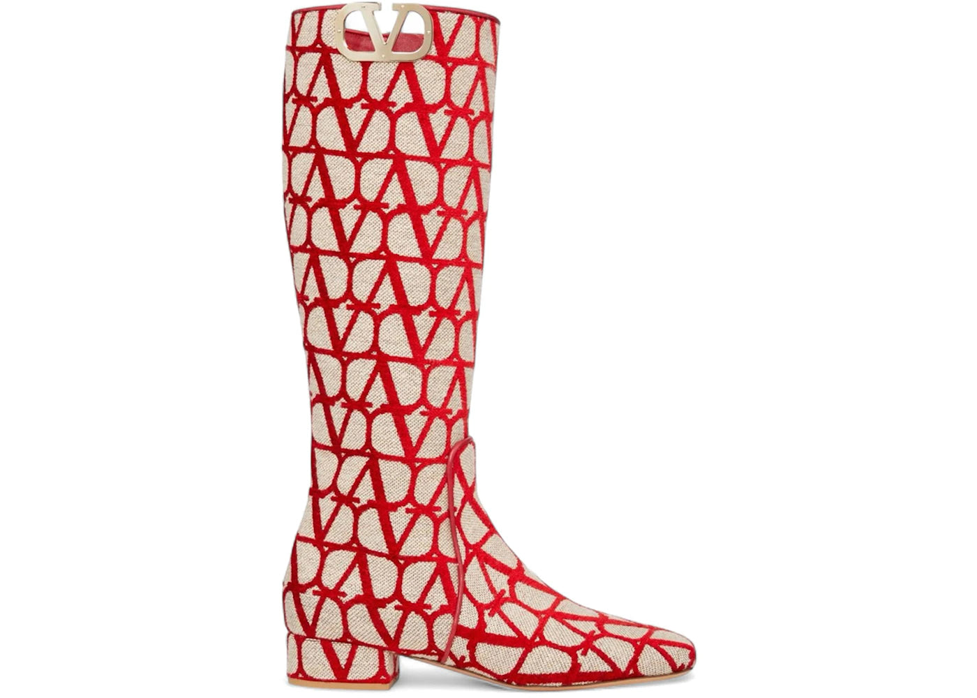 Valentino Toile Iconographe Calfskin V'logo High Knee High Boots Beige Red (Women's)