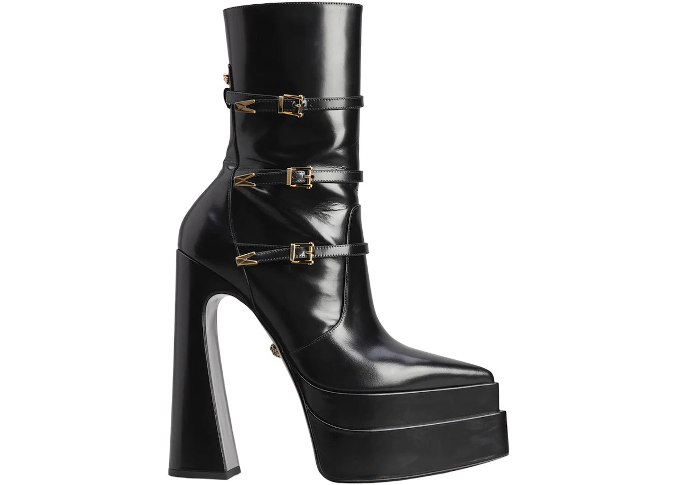 Versace Medusa Aevitas 165mm Pointy Platform Booties Black Patent Leather