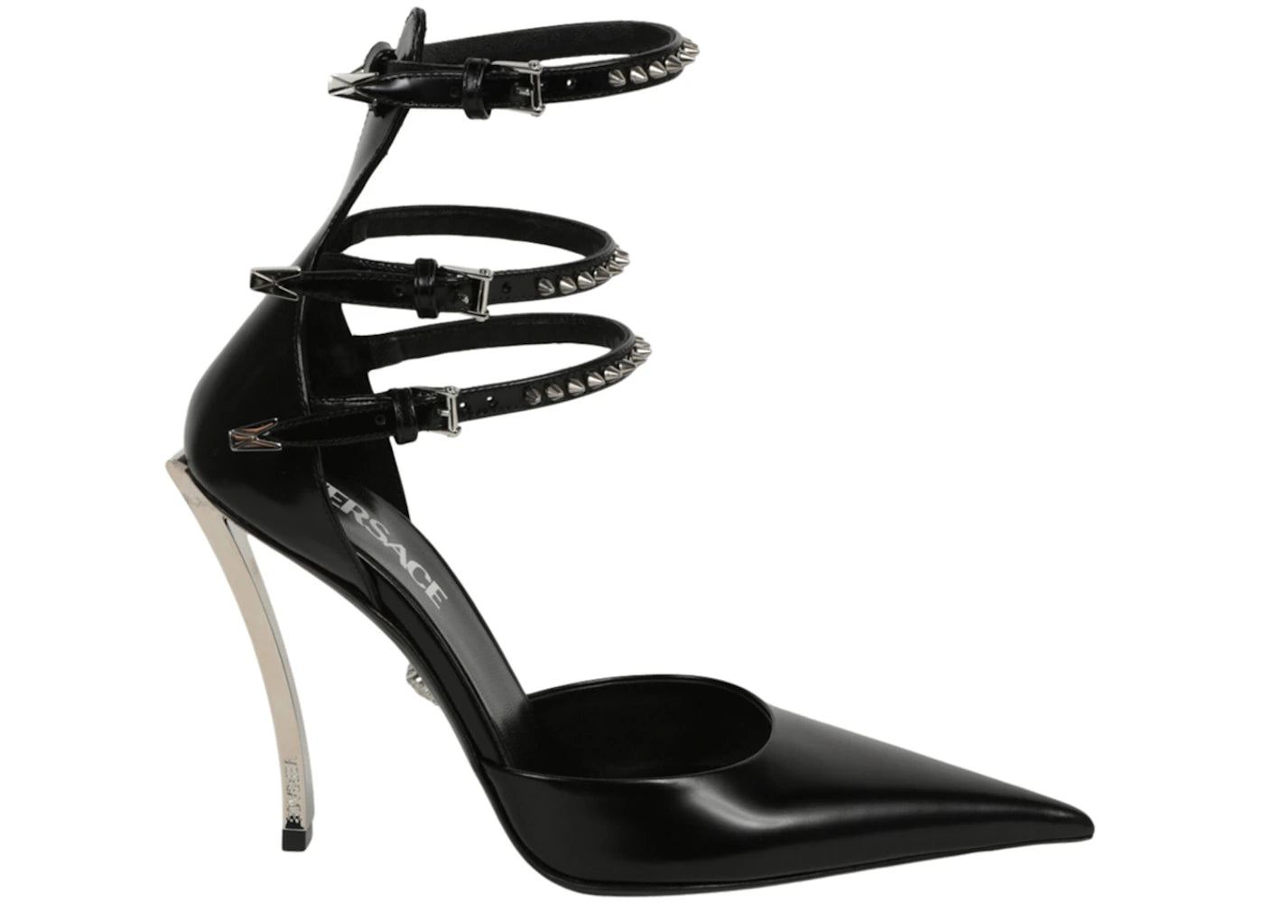 Versace Spiked Pin Point Pumps Glossy Black Palladium (Women's)