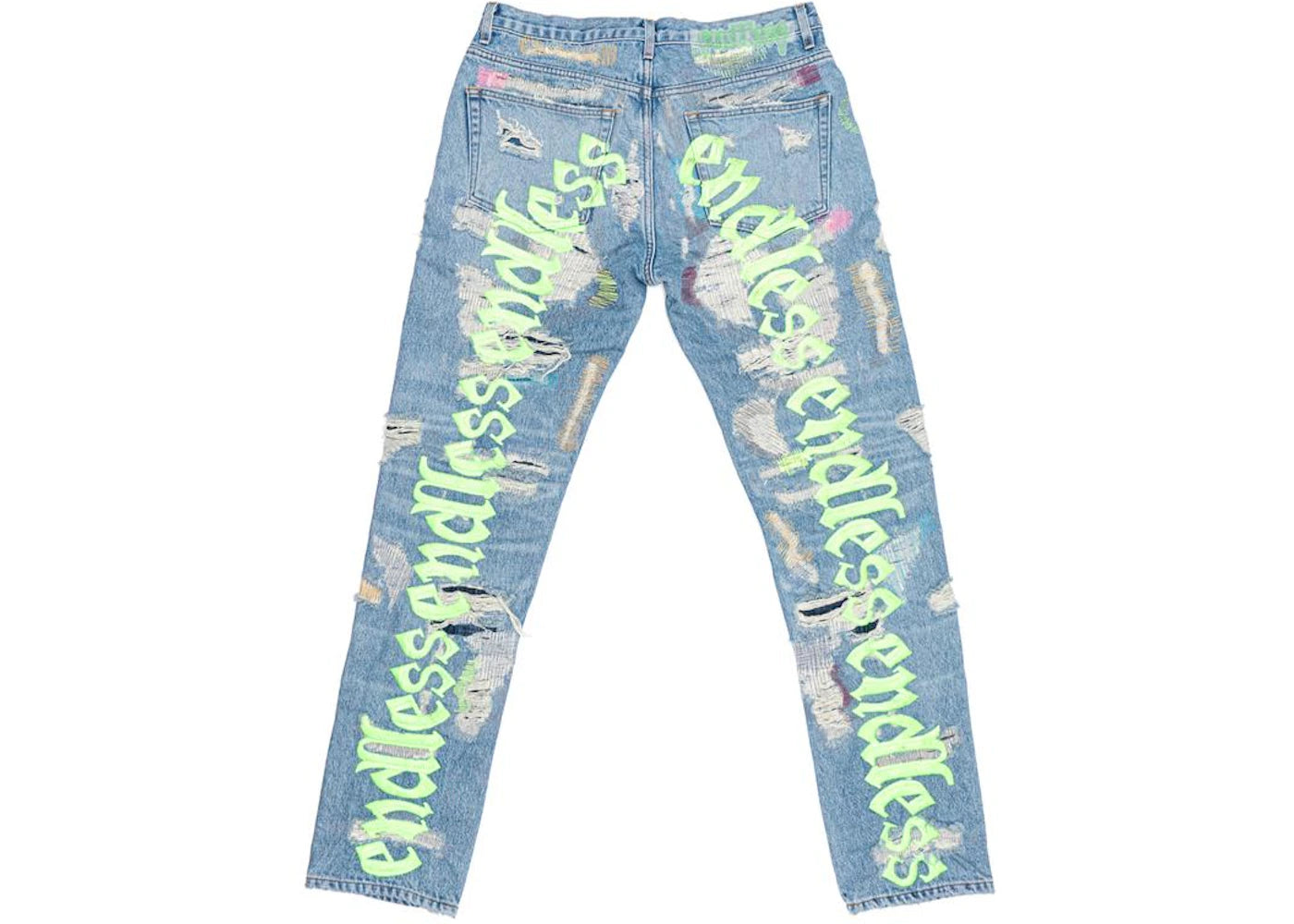 Vlone x Endless Embroidered and Distressed Denim Jeans Neon Green