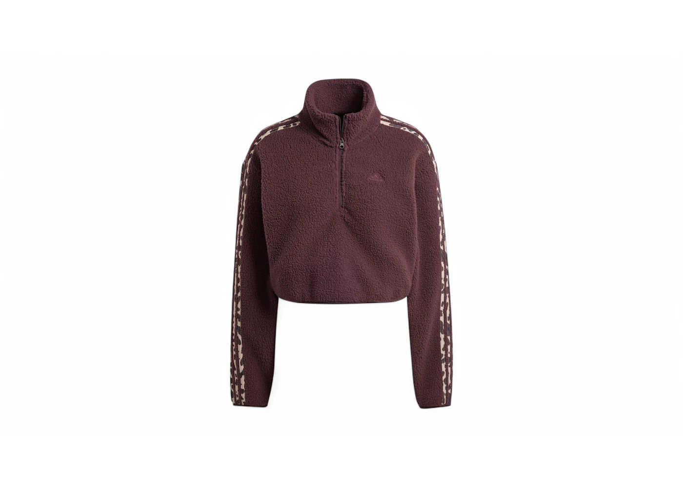 adidas Women's Essentials 3-Stripes Animal Print High Pile Cropped 1/4 Zip Top Shadow Brown/White